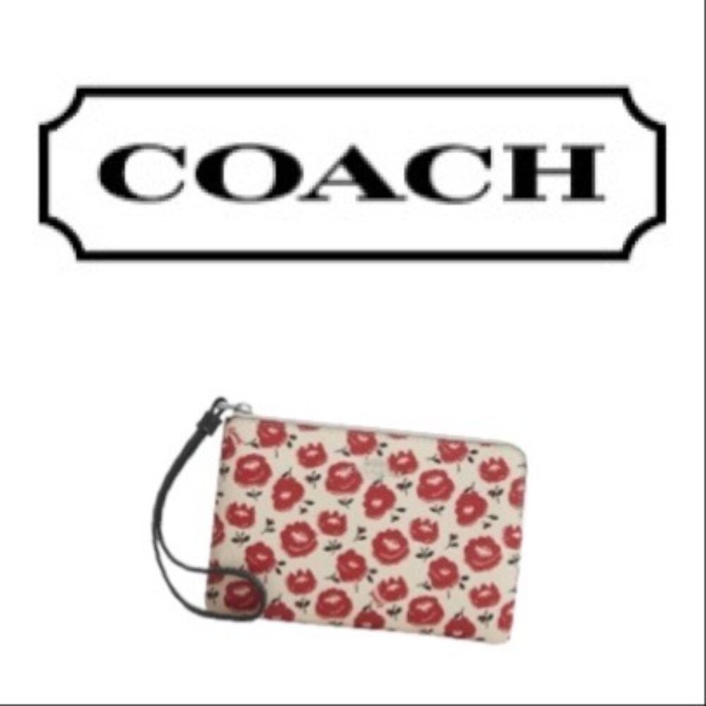 Coach Corner Zip Wristlet Bag W/ Red Floral Print- Designer - NWT